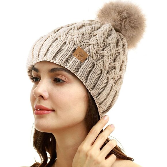 Women\'s Beige Winter Ribbed Beanie Crossed Cap Chunky Cable Knit Pompom Soft